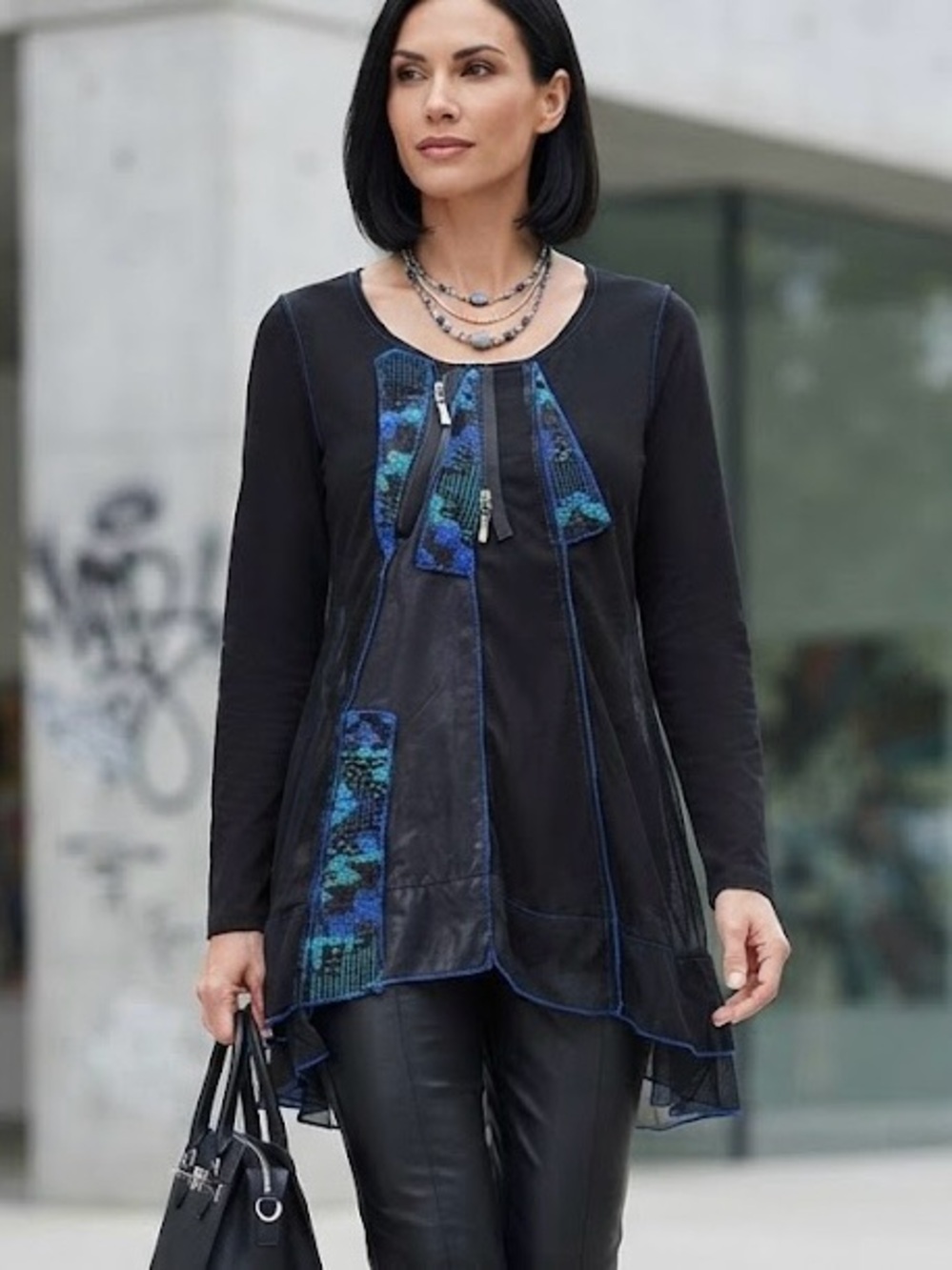 Goa Black Mesh 3/4 Sleeve Tunic Top Geometric Tapestry Accents Suede Whimsical S